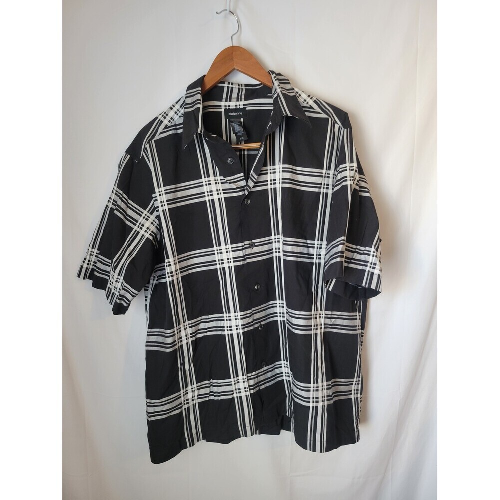 Claiborne Men's‎ XL Black White Plaid Check Short Sleeve Casual Button Up Shirt